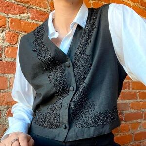 Esprit Vintage Black Vest Beaded Button Down Front  Cropped Retro SZ M EUC